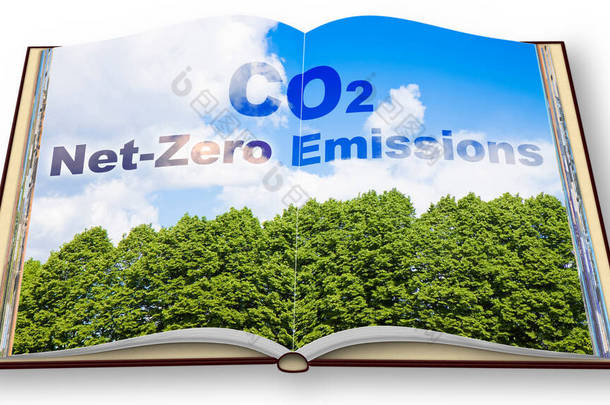 针对森林的CO2网络零排放概念-碳中和概念- 2050根据欧洲法律-三维渲染在白色背景下隔离的打开的相册