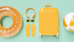 扁平的橙色行李箱和蓝色背景的旅行饰物放在一起.3d渲染