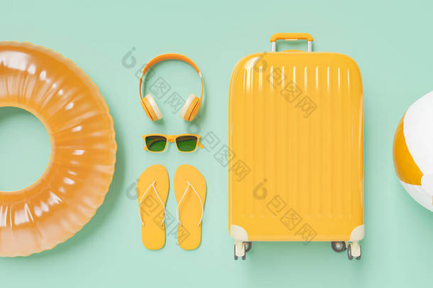 扁平的橙色行李箱和蓝色背景的旅行饰物放在一起.3d渲染