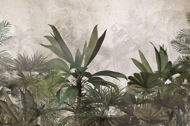 热带树木和树叶用于数码印刷墙纸,定制设计墙纸. 3D插图