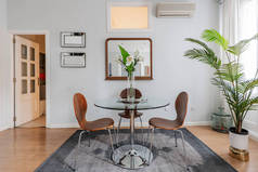 客厅，有圆形玻璃餐桌，有木制和金属椅子，墙上有镜子，室内有装饰棕榈树