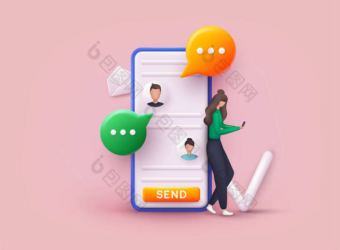 对话、对话、信使或在线支持的概念。3D网页矢量图解.