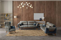 现代客厅的三维渲染。现代家具套装.