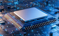 CPU微晶片电子元件未来大数据连接技术概念对电子电路板的封闭 .