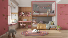 现代儿童卧房，双层床为红色和柔和色调，软垫地板，大窗户与长椅和百叶窗，书桌，地毯与玩具，枕头和绒毛。舒适的室内设计