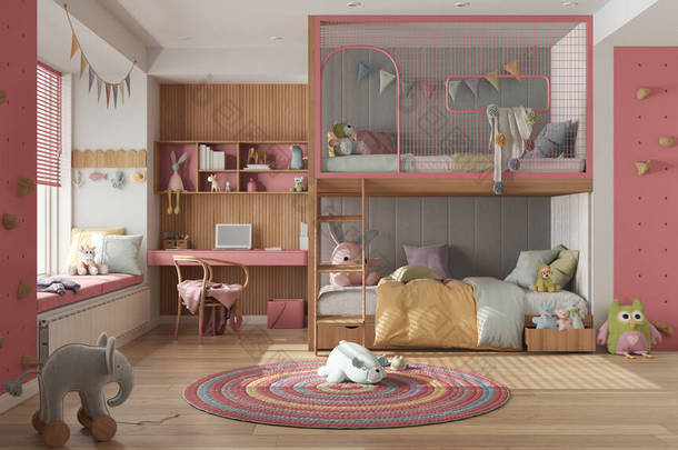 现代儿童卧房，<strong>双层</strong>床为红色和柔和色调，软垫地板，大窗户与长椅和百叶窗，书桌，地毯与玩具，枕头和绒毛。舒适的室内设计
