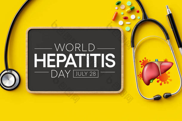 每年7月28日是世界肝炎日，当肝脏发炎或受损时，其功能可能会受到影响，某些疾病可能会导致肝炎。3D渲染