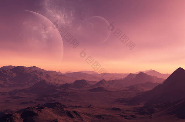 3D渲染的空间艺术：<strong>异形</strong>行星- -红色天空和星星的幻想景观