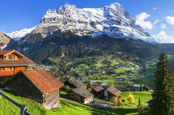 瑞士的自然和旅行。高山风景。风景秀丽的传统山村Grindelwald被阿尔卑斯山雪峰环绕。<strong>热门</strong>旅游胜地和滑雪胜地