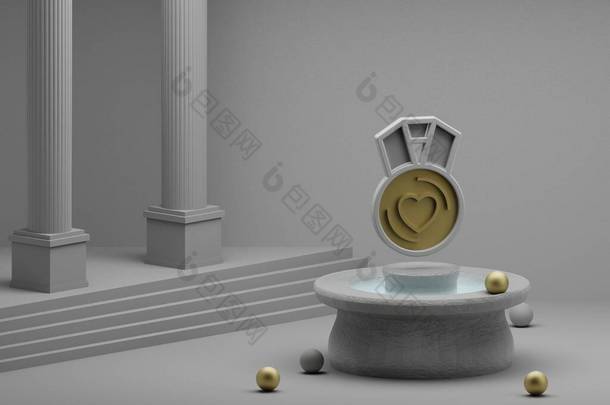 美丽的抽象画心形符号图标上的喷泉和柱状背景.3D渲染说明