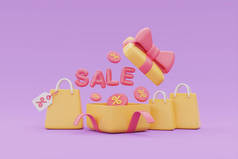 伟大的打折和促销概念，礼品盒和购物袋与SALE字浮动紫色背景，3D渲染