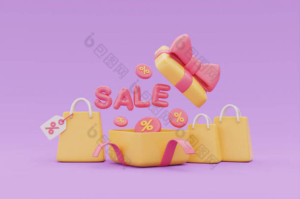 伟大的打折和促销概念，礼品盒和购物袋与SALE字浮动紫色背景，3D渲染