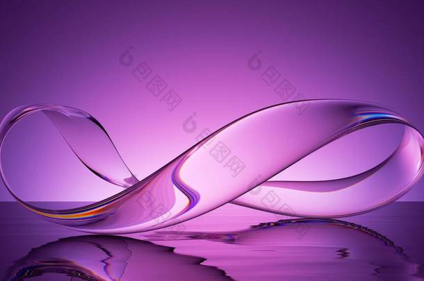 三维渲染，透明无限设计元素，抽象的紫色背景与弯曲的玻璃带和水面上的反射。简单的<strong>现代简约</strong>壁纸