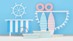 3D渲染夏季展台展示产品.暑期泳滩度假场景模拟.