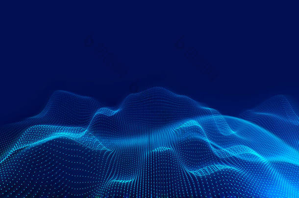 大数据冲浪的变形金刚。带有蓝光的颗粒在抽象的背景上.人工智能概念.