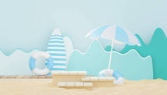 3D渲染夏季展台展示产品.暑期泳滩度假场景模拟.