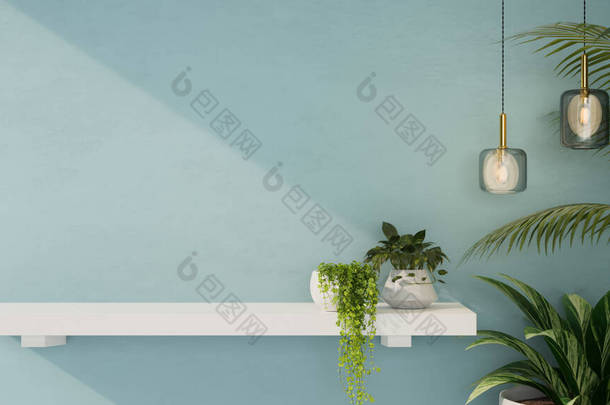 产品展示在现代白墙架子上的一个复制空间，带有装饰极小的植物、室内植物和带有时尚蓝色墙壁的现代天花板灯。3D渲染，3D说明