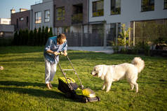 在乡村房屋的后院，人与狗玩耍，而与割草机一起移动草坪。丈夫快乐地与宠物共度夏天