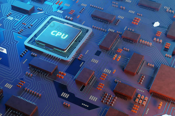 cpu处理器和电路板概念图像, 3d