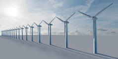 具有普通背景的未来风力涡轮机清洁能源绿色可再生能源的三维数字渲染- -可再生能源概念