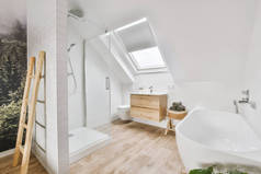 舒适的床，放置在绿墙附近，有窗户和淋浴的现代风格的车库卧室里