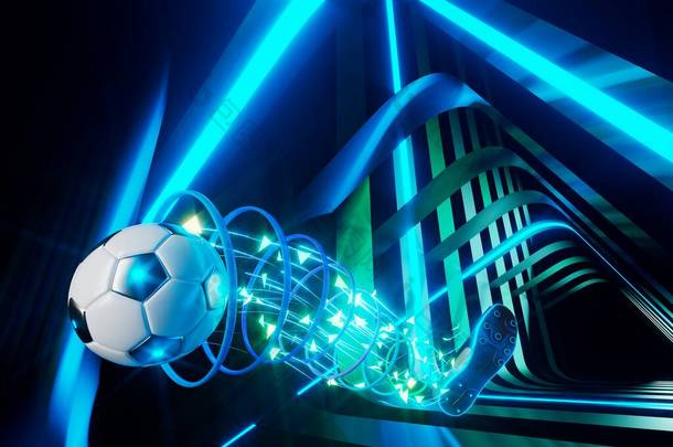 足球物体在抽象的背景中.轻霓虹灯形状数字概念。球体符号图形运动。3D插画。深度模糊的背景。太空夜间闪耀的效果。运动线设计