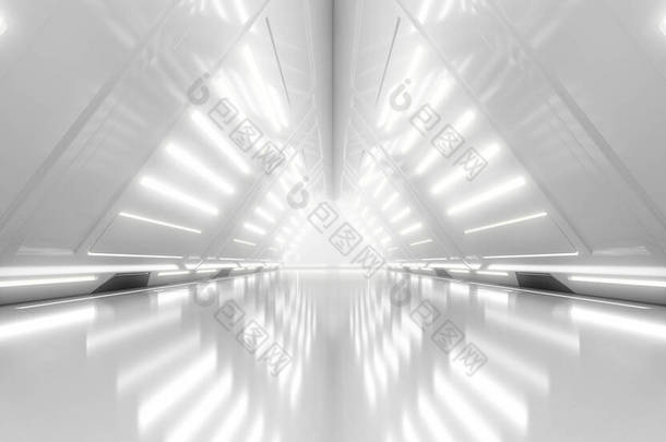 带有灯光的未来走廊室内设计。三角宇宙飞船隧道未来的概念。3D渲染