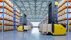 Modern warehouse with AGV forklifts and high shelves.3d rendering