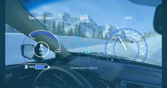 Image of interface with charging battery icon and speedometer over car. energy, power and fuel techn