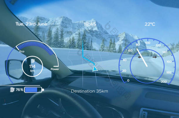 Image of interface with charging battery <strong>icon</strong> and speedometer over car. energy, power and fuel techn
