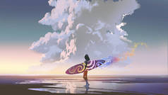woman holding a colorful surfboard standing on the beach looking at the sky, digital art style, illu