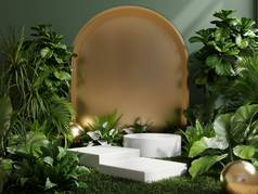 Podium in tropical forest for product presentation and green background.3D rendering
