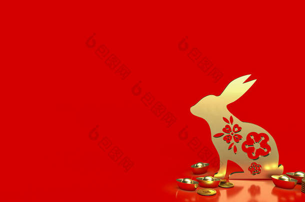 gold rabbit and chines money for promotion concept 3d rendering