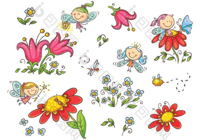 集卡通仙子昆虫花卉和元素矢量图形在白色背图片-包图网企业站