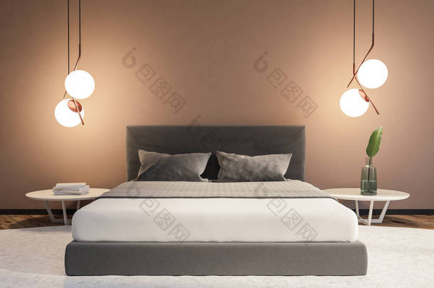 <strong>现代</strong>卧室内有米色的墙壁, 白色的<strong>地毯</strong>上有一张主床, 上面有两个床头柜。3d 渲染复制空间