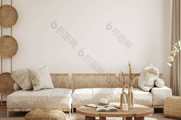 Home interior in japanese style, wall <strong>mockup</strong> in living room background, 3d render