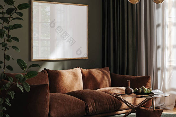 Frame <strong>mockup</strong> in modern dark home interior background, 3d render