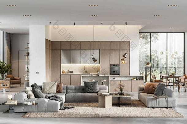 3D rendering of a fully furnished living room with kitchen at back. Modern interiors of a spacious l