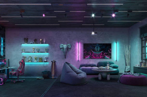 Digitally generated image of a video gamer room with multicolored neon lights. Dark gaming room with