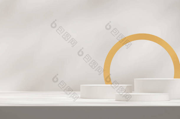 3d render template <strong>mockup</strong> of white podium in landscape with sun shadow background and yellow backdro