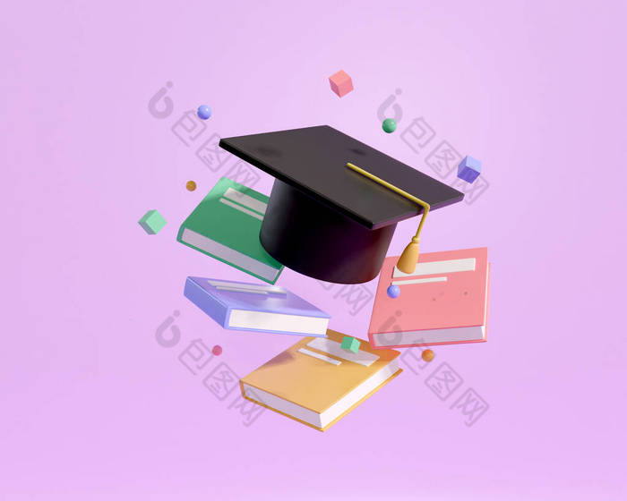 3d education with book and degree cap. knowledge learning concept. congratulation for success educat