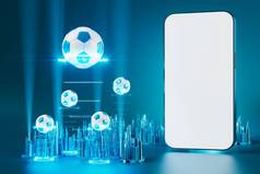 足球具有智能手机屏幕动作效果.体育概念设计。3D插画。蓝色背景。在线体育直播。押注赌场设计客观竞争。3D对象渲染。运动图形.