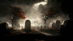 3D illustration of a Halloween concept dark background of a castle and graveyard. Horror background 