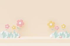 Abstract Pastel of nature, flowers leaves and tree plants with Podium stand platform. Cute Cartoon n