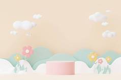 Abstract Pastel of nature, flowers leaves and tree plants with Podium stand platform. Cute Cartoon n