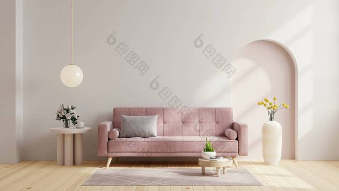 Scandinavian living room with pink sofa on empty white wall background.3D rendering