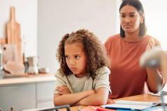 Unhappy, moody and angry little girl standing with arms crossed and looking upset while ignoring her