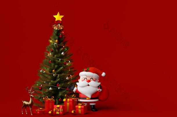 Christmas <strong>banner</strong> of Santa Claus with Christmas tree and gift, 3d illustration