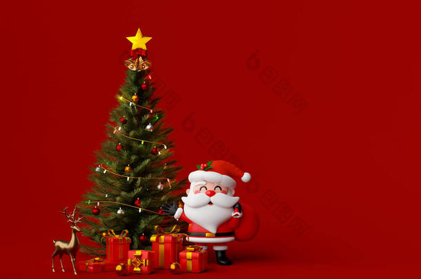 Christmas banner of Santa Claus with Christmas tree and gift, 3d illustration