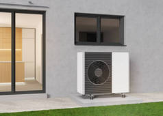 Air heat pump standing outdoors. Modern, environmentally friendly heating. Save your money with air 